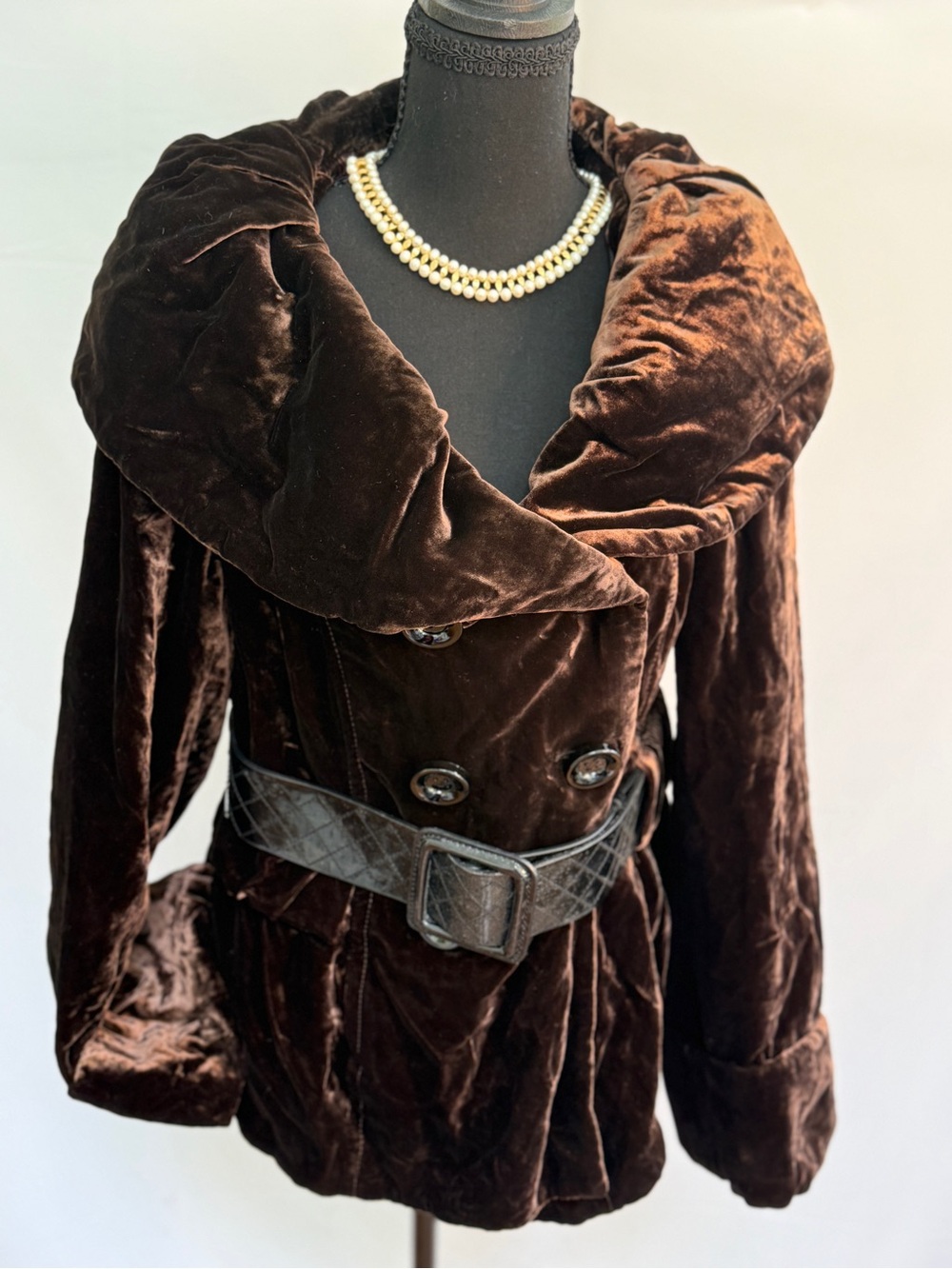 Zara Brown Velvet Double-Breasted Pea Coat with Belt